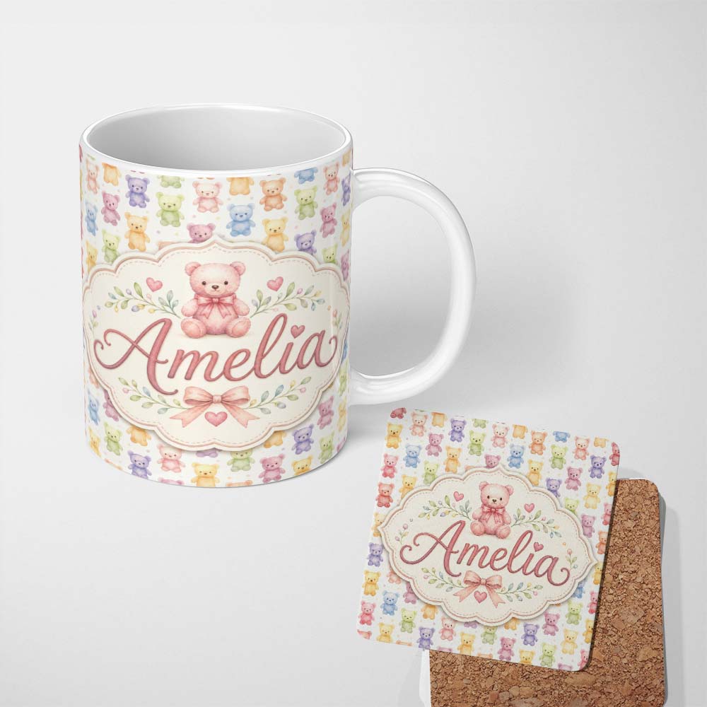 Personalized Custom Name Pastel Rainbow Teddy Bears Soft Cute Seamless Pattern Lovely 11oz Ceramic Coffee Tea Mug White Large Handle