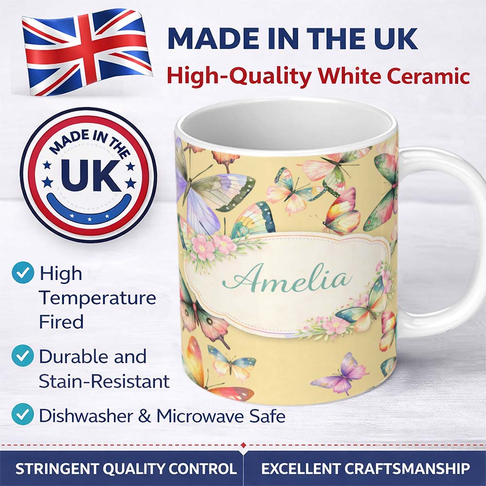 Personalized Custom Name Watercolor Butterfly Leaf Botanical Seamless Pattern Lovely 11oz Ceramic Coffee Tea Mug White Large Handle