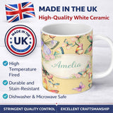 Personalized Custom Name Watercolor Butterfly Leaf Botanical Seamless Pattern Lovely 11oz Ceramic Coffee Tea Mug White Large Handle