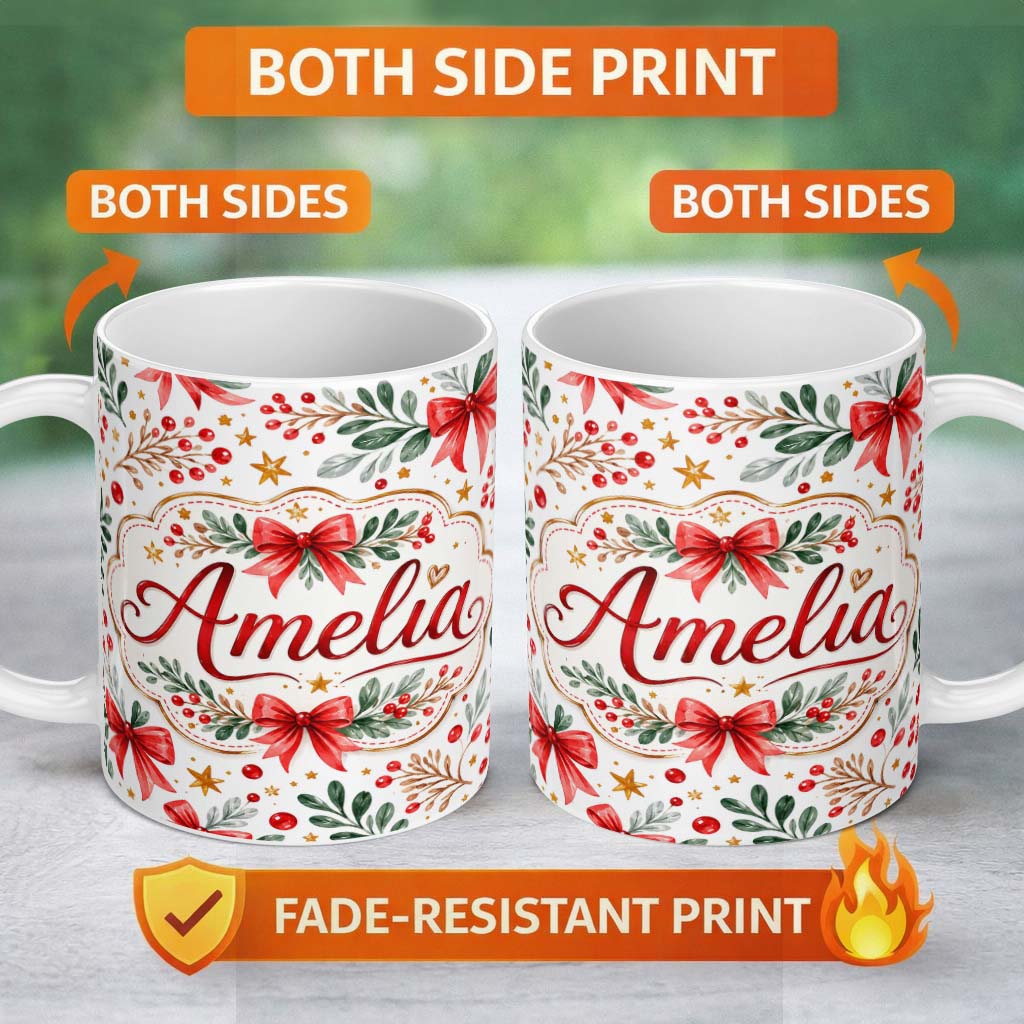 Personalized Custom Name Elegant Christmas Bows Holly Leaves Berries Watercolor Seamless 11oz Ceramic Coffee Tea Mug White Large Handle