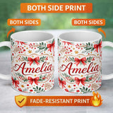 Personalized Custom Name Elegant Christmas Bows Holly Leaves Berries Watercolor Seamless 11oz Ceramic Coffee Tea Mug White Large Handle