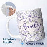 Personalized Custom Name Vintage Inspired Blue Floral Damask Pattern with Ornate Detailing 11oz Ceramic Coffee Tea Mug White Large Handle