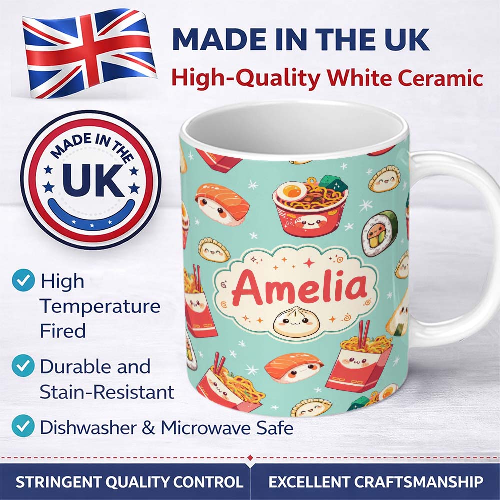 Personalized Custom Name Cute Kawaii Sushi Ramen Dumpling Food Mint Background Seamless 11oz Ceramic Coffee Tea Mug White Large Handle