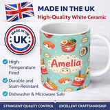 Personalized Custom Name Cute Kawaii Sushi Ramen Dumpling Food Mint Background Seamless 11oz Ceramic Coffee Tea Mug White Large Handle