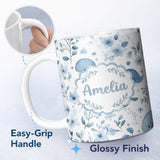 Personalized Custom Name Cute Blue Whale with Floral Background Seamless Pattern Lovely 11oz Ceramic Coffee Tea Mug White Large Handle