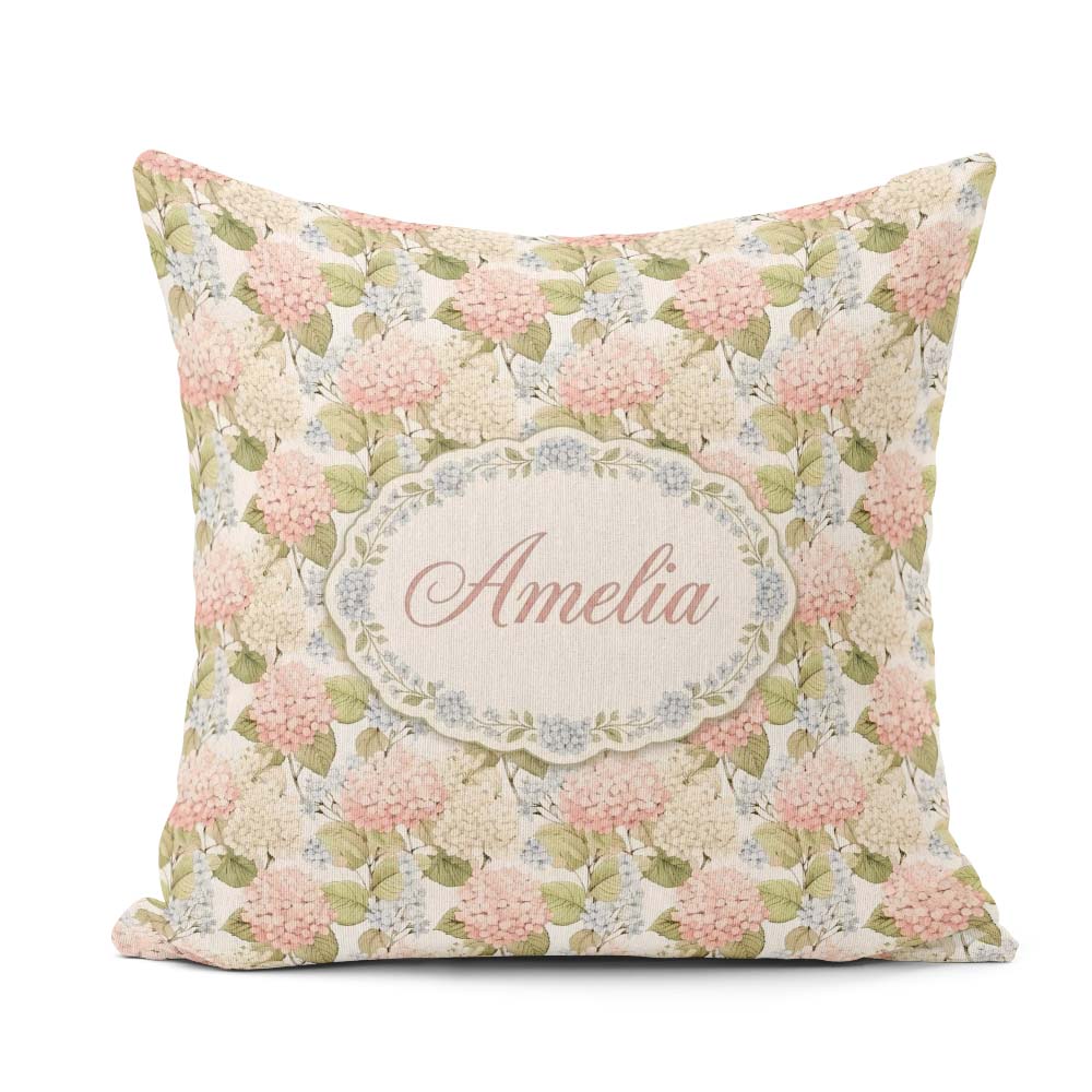Custom Name Soft Pink Cream Hydrangea Botanical Seamless Pattern Square Filled Cushion Throw Pillow Sofa Bed Home Decor Zip Washable UK Made
