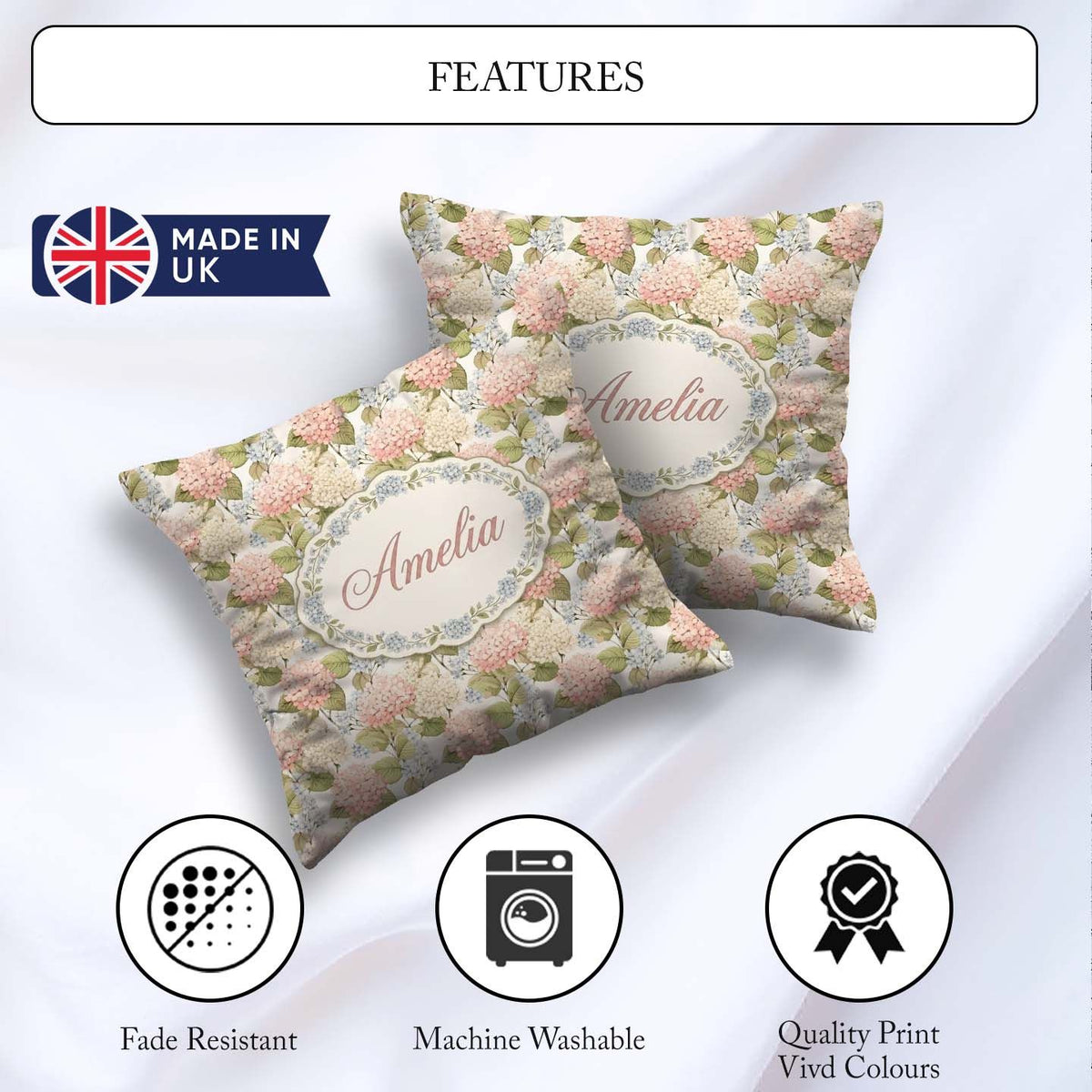 Custom Name Soft Pink Cream Hydrangea Botanical Seamless Pattern Square Filled Cushion Throw Pillow Sofa Bed Home Decor Zip Washable UK Made