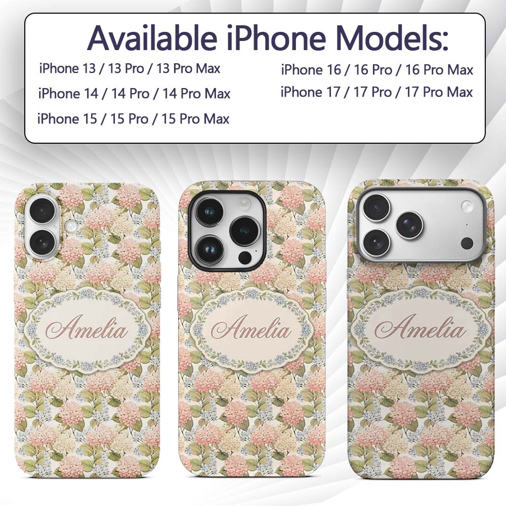 Soft Pink and Cream Hydrangea Botanical Seamless Custom Name Protective Phone Case Mobile Cover Durable Everyday Smartphone Shock Resistant