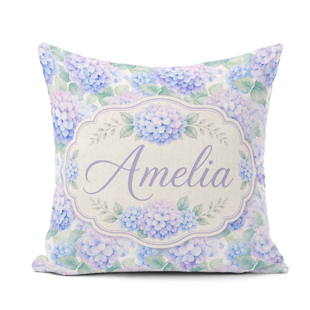 Custom Name Dreamy Lavender Blue Hydrangea Floral Pattern Lovely Square Filled Cushion Throw Pillow Sofa Bed Home Decor Zip Washable UK Made