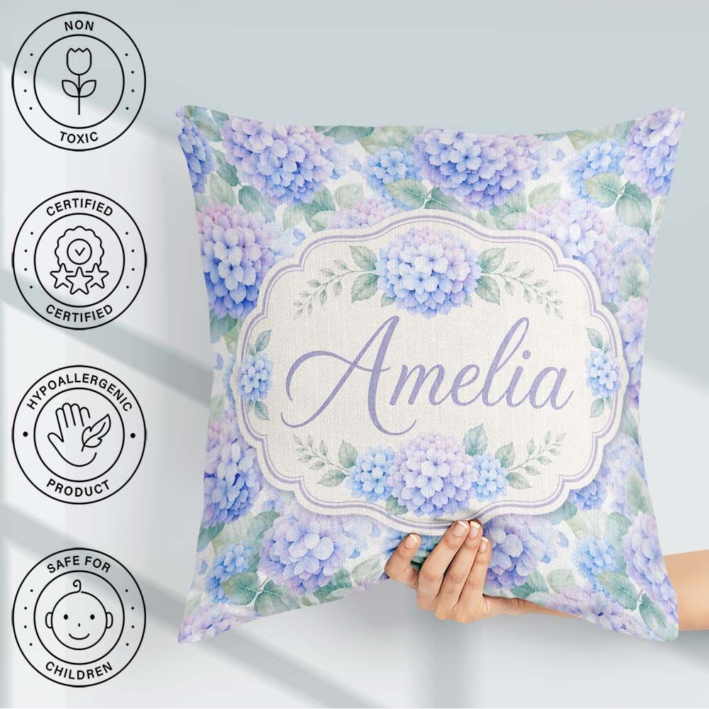 Custom Name Dreamy Lavender Blue Hydrangea Floral Pattern Lovely Square Filled Cushion Throw Pillow Sofa Bed Home Decor Zip Washable UK Made