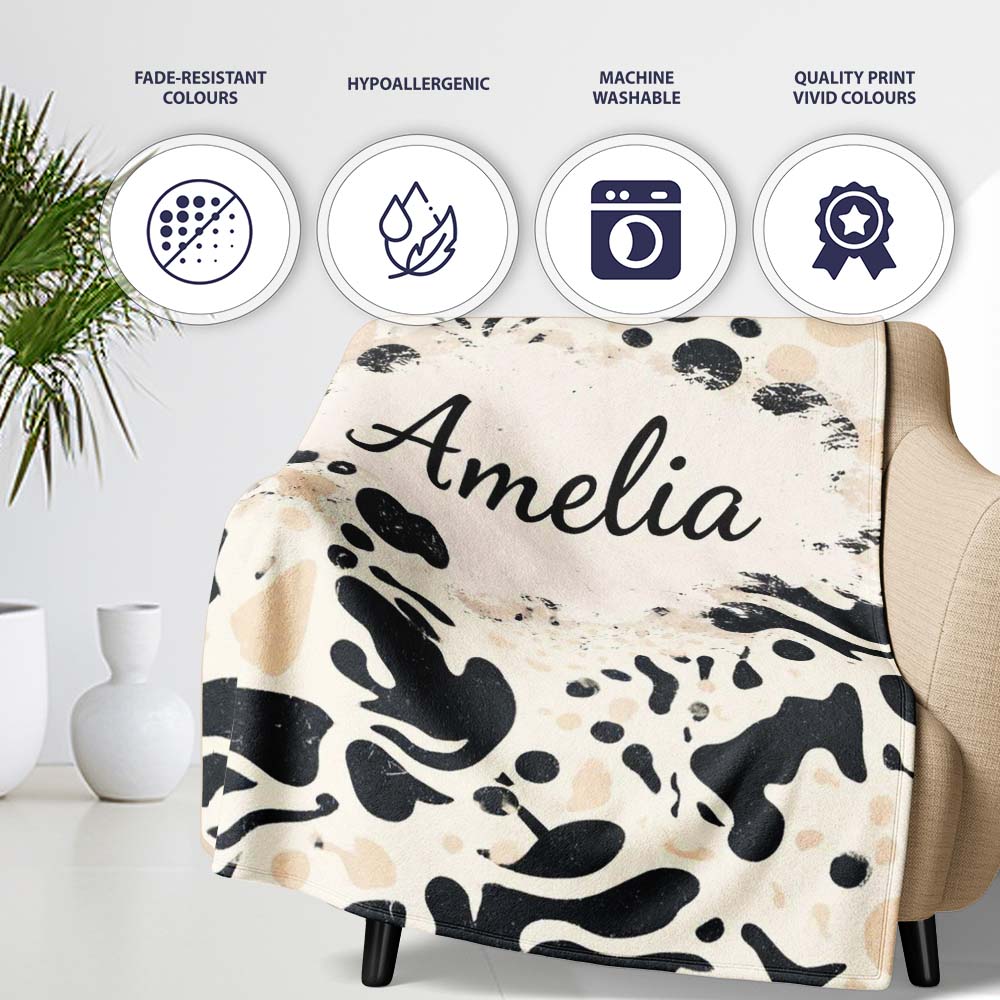 Abstract Organic Blobs Black Beige Modern Artistic Pattern Lovely  Personalised Custom Name Super Soft Fleece Blanket Bed Sofa Throw