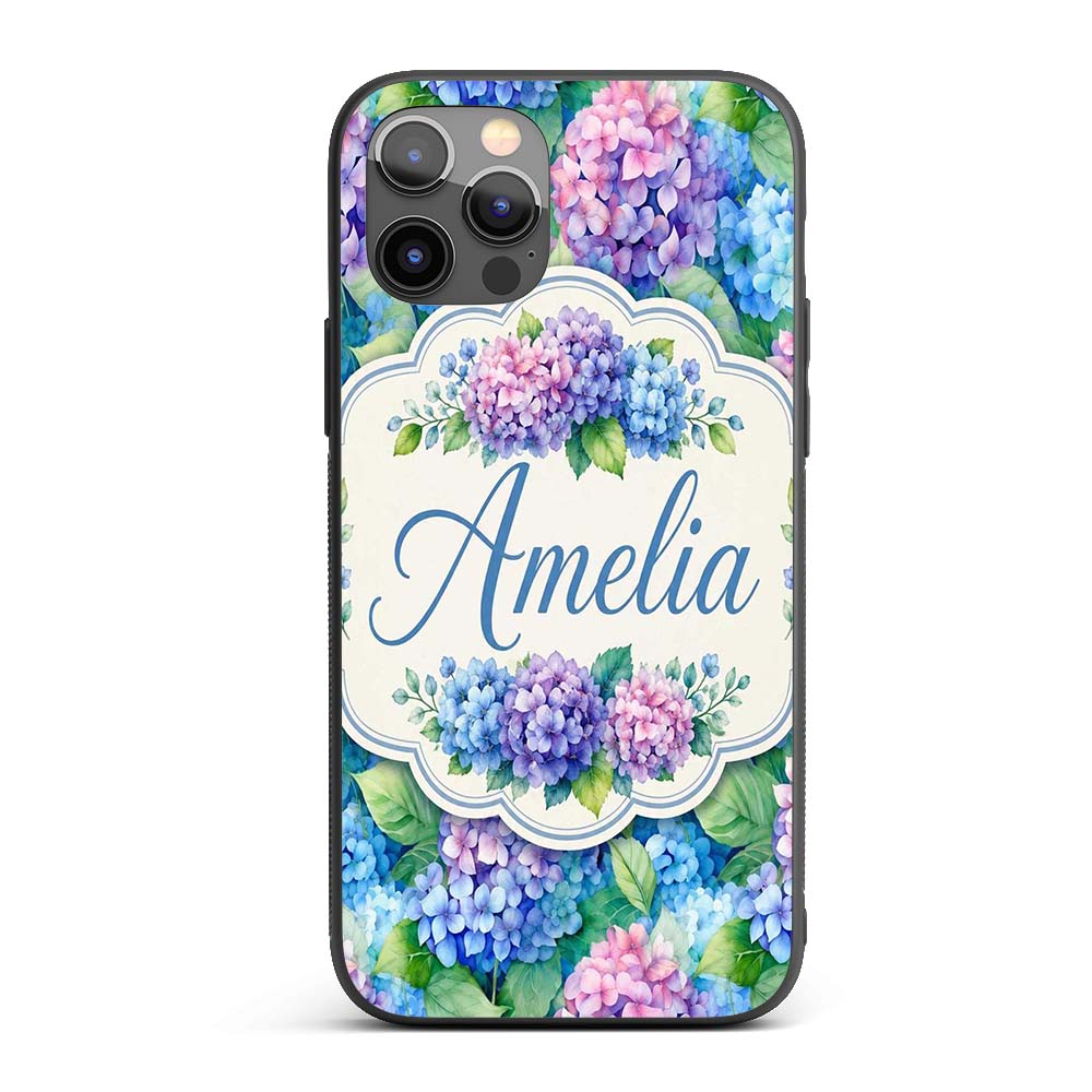Vibrant Blue Pink Hydrangea Garden Printed Design Custom Name Protective Phone Case Mobile Cover Durable Everyday Smartphone Shock Resistant