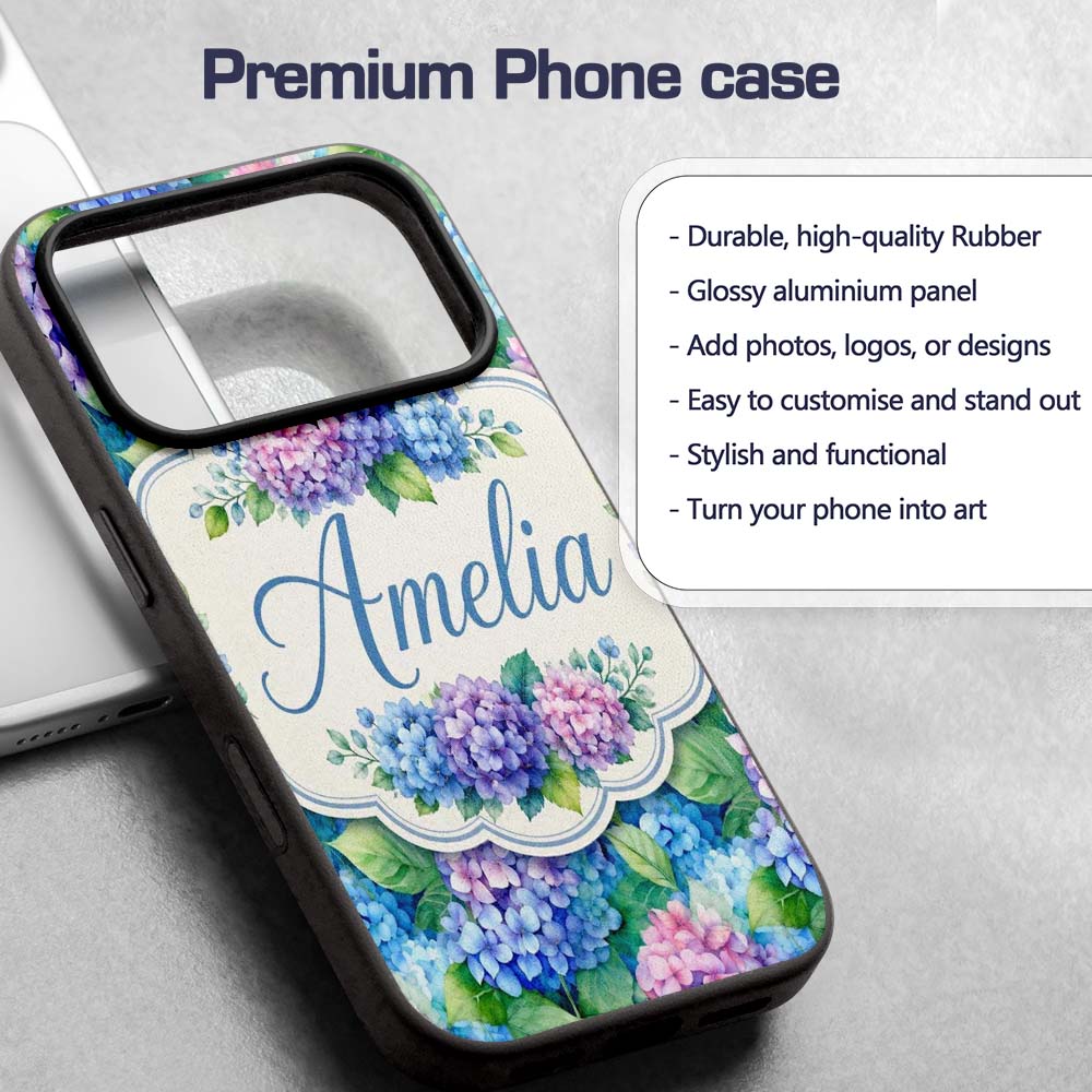 Vibrant Blue Pink Hydrangea Garden Printed Design Custom Name Protective Phone Case Mobile Cover Durable Everyday Smartphone Shock Resistant