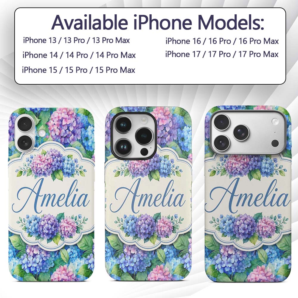 Vibrant Blue Pink Hydrangea Garden Printed Design Custom Name Protective Phone Case Mobile Cover Durable Everyday Smartphone Shock Resistant