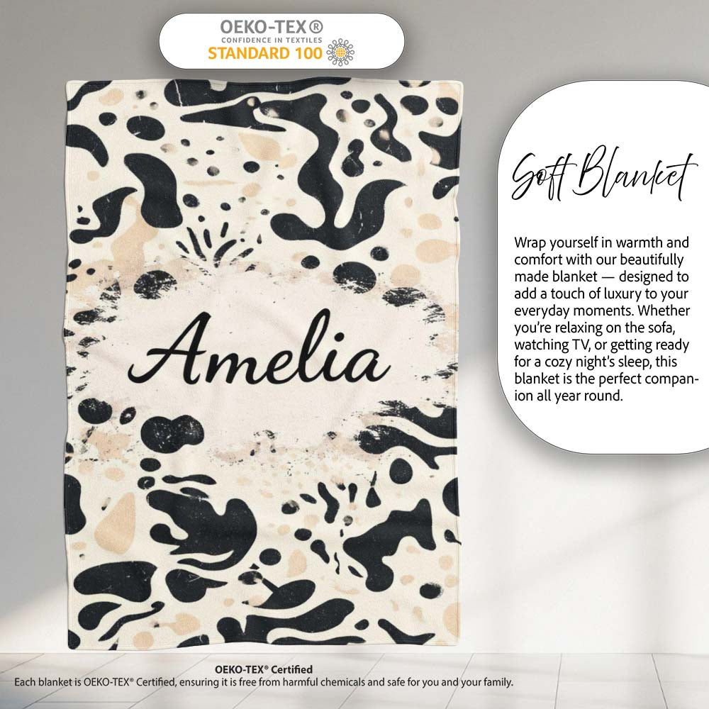 Abstract Organic Blobs Black Beige Modern Artistic Pattern Lovely  Personalised Custom Name Super Soft Fleece Blanket Bed Sofa Throw