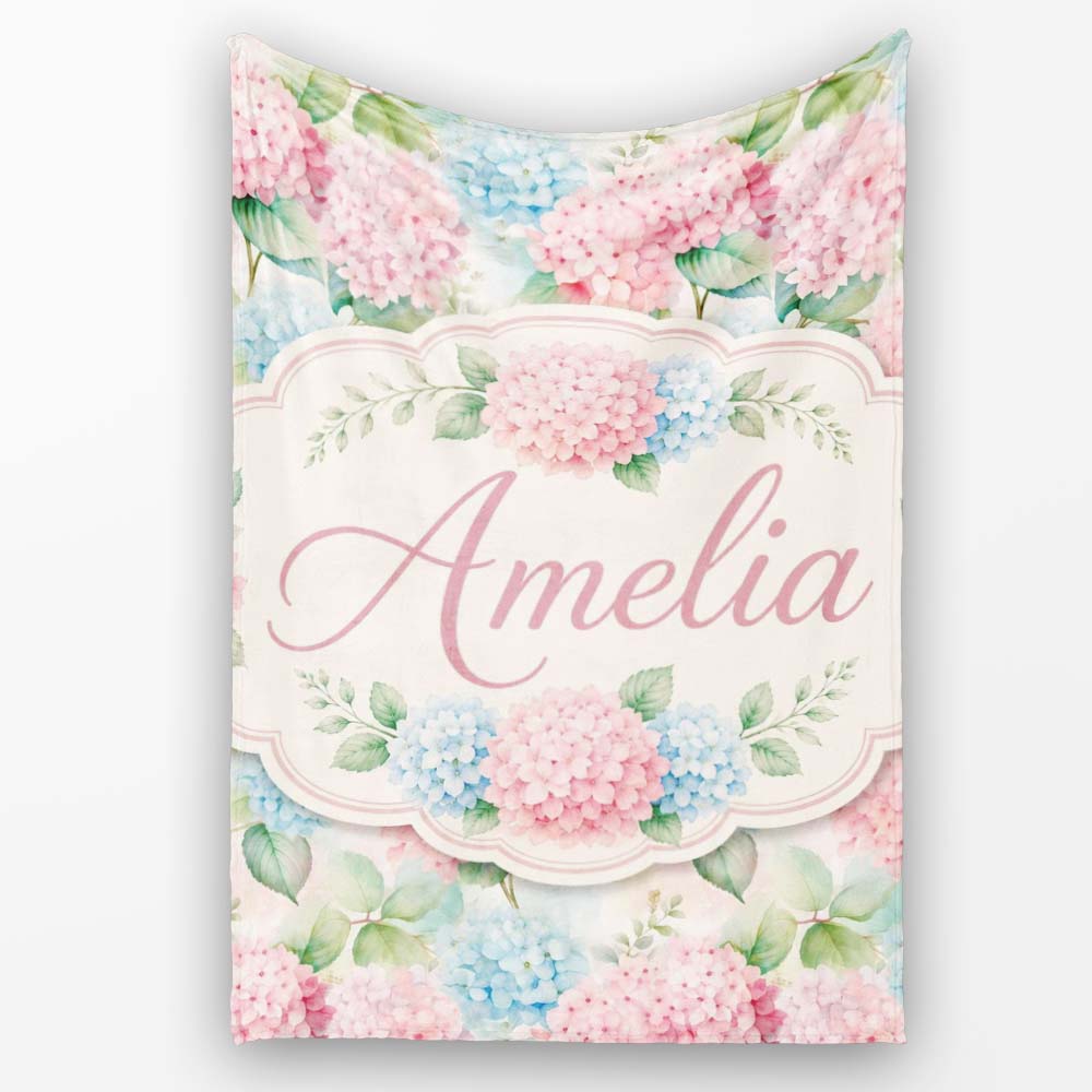 Delicate Pastel Pink and Blue Hydrangea Floral Seamless Pattern  Personalised Custom Name Super Soft Fleece Blanket Bed Sofa Throw