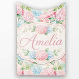 Delicate Pastel Pink and Blue Hydrangea Floral Seamless Pattern  Personalised Custom Name Super Soft Fleece Blanket Bed Sofa Throw