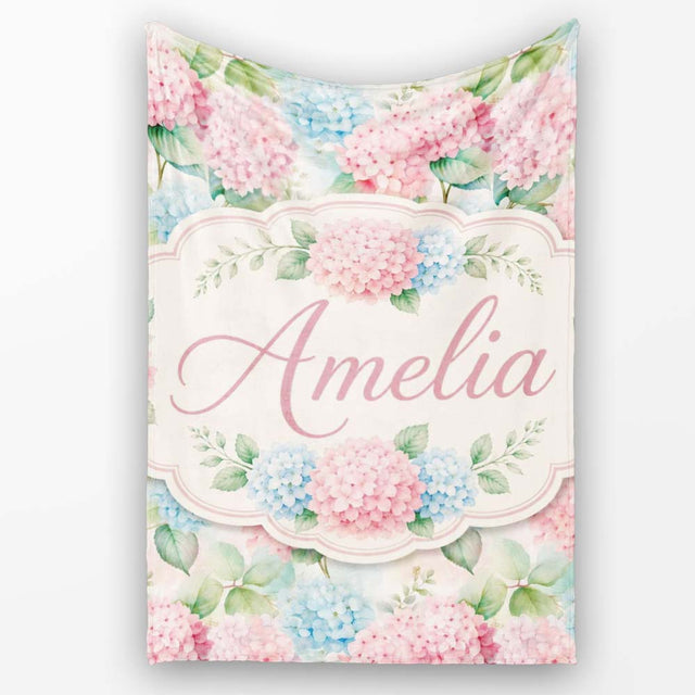 Delicate Pastel Pink and Blue Hydrangea Floral Seamless Pattern  Personalised Custom Name Super Soft Fleece Blanket Bed Sofa Throw