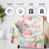 Delicate Pastel Pink and Blue Hydrangea Floral Seamless Pattern  Personalised Custom Name Super Soft Fleece Blanket Bed Sofa Throw