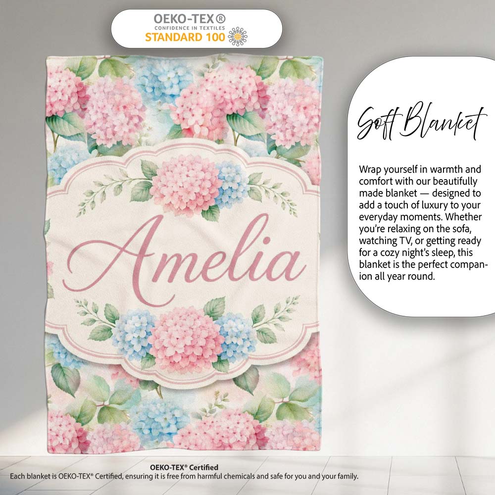 Delicate Pastel Pink and Blue Hydrangea Floral Seamless Pattern  Personalised Custom Name Super Soft Fleece Blanket Bed Sofa Throw