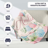 Delicate Pastel Pink and Blue Hydrangea Floral Seamless Pattern  Personalised Custom Name Super Soft Fleece Blanket Bed Sofa Throw