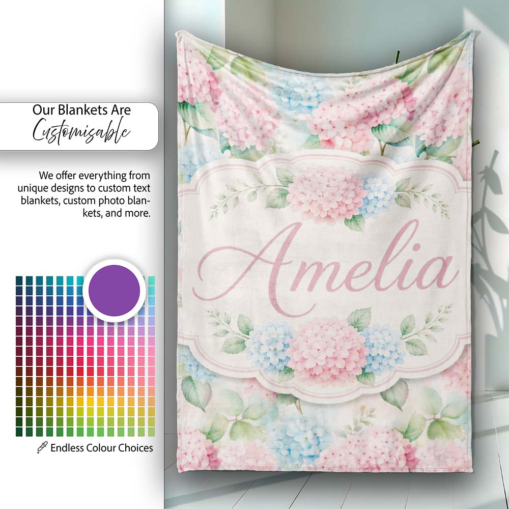 Delicate Pastel Pink and Blue Hydrangea Floral Seamless Pattern  Personalised Custom Name Super Soft Fleece Blanket Bed Sofa Throw