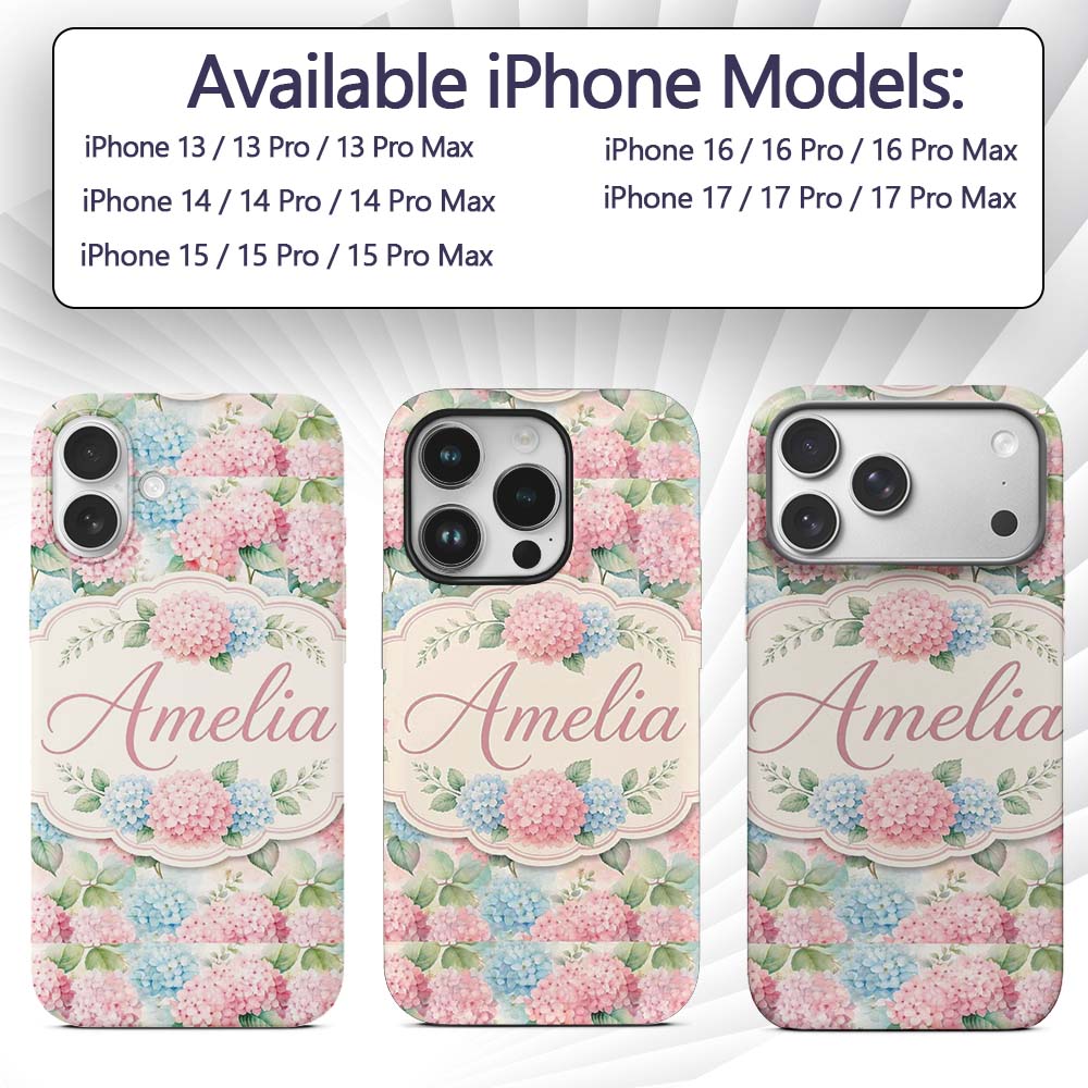 Delicate Pastel Pink and Blue Hydrangea Floral Custom Name Protective Phone Case Mobile Cover Durable Everyday Smartphone Shock Resistant