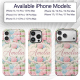 Delicate Pastel Pink and Blue Hydrangea Floral Custom Name Protective Phone Case Mobile Cover Durable Everyday Smartphone Shock Resistant