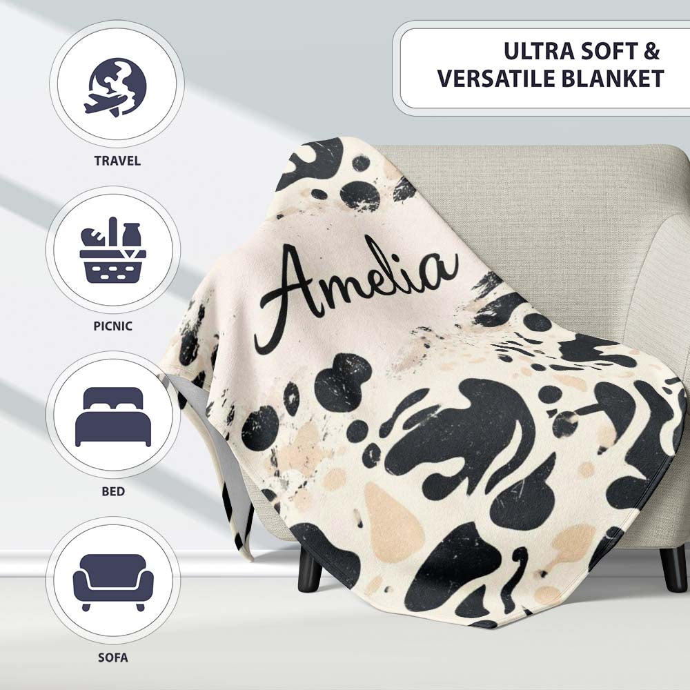 Abstract Organic Blobs Black Beige Modern Artistic Pattern Lovely  Personalised Custom Name Super Soft Fleece Blanket Bed Sofa Throw