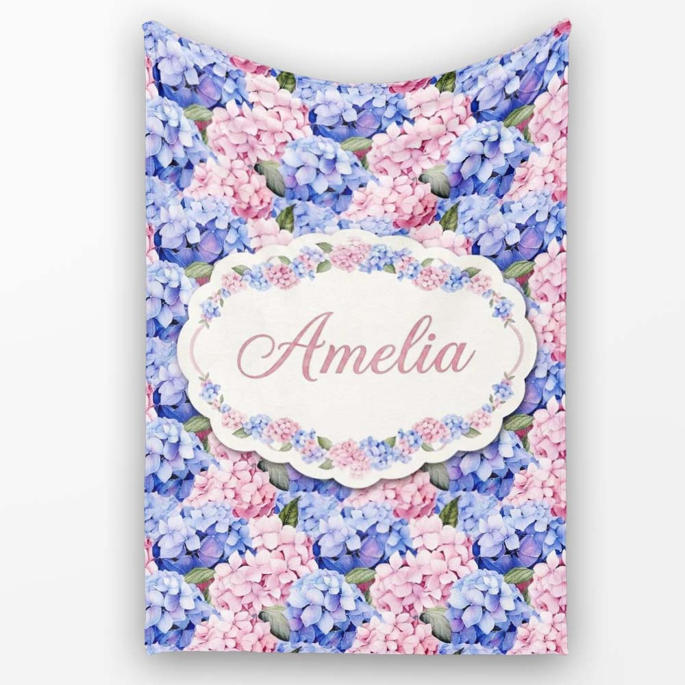 Bold Pink and Blue Hydrangea Blossom Seamless Pattern Lovely  Personalised Custom Name Super Soft Fleece Blanket Bed Sofa Throw