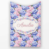 Bold Pink and Blue Hydrangea Blossom Seamless Pattern Lovely  Personalised Custom Name Super Soft Fleece Blanket Bed Sofa Throw