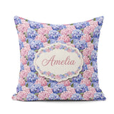 Custom Name Bold Pink and Blue Hydrangea Blossom Seamless Lovely Square Filled Cushion Throw Pillow Sofa Bed Home Decor Zip Washable UK Made