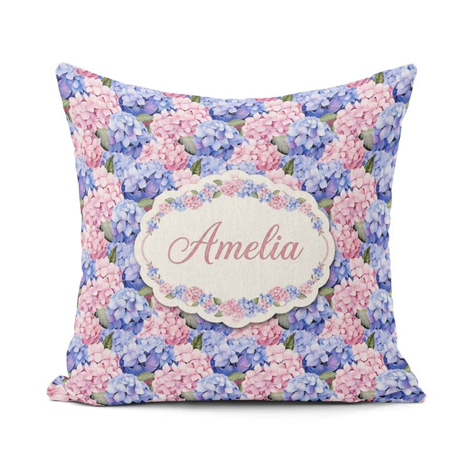 Custom Name Bold Pink and Blue Hydrangea Blossom Seamless Lovely Square Filled Cushion Throw Pillow Sofa Bed Home Decor Zip Washable UK Made
