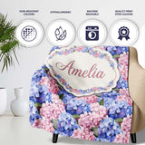 Bold Pink and Blue Hydrangea Blossom Seamless Pattern Lovely  Personalised Custom Name Super Soft Fleece Blanket Bed Sofa Throw