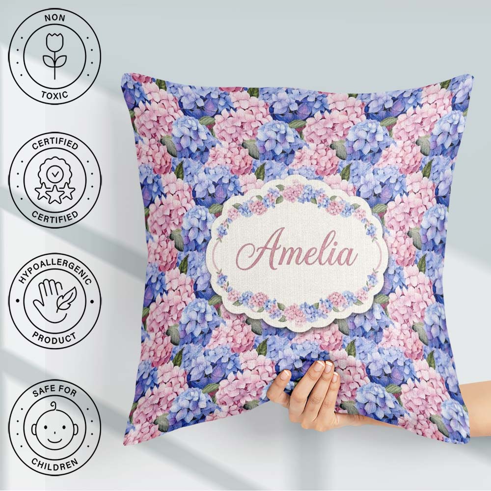 Custom Name Bold Pink and Blue Hydrangea Blossom Seamless Lovely Square Filled Cushion Throw Pillow Sofa Bed Home Decor Zip Washable UK Made