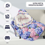 Bold Pink and Blue Hydrangea Blossom Seamless Pattern Lovely  Personalised Custom Name Super Soft Fleece Blanket Bed Sofa Throw