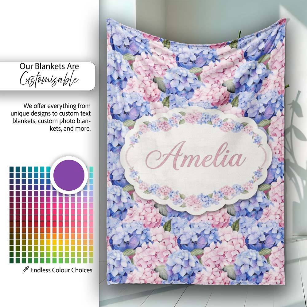 Bold Pink and Blue Hydrangea Blossom Seamless Pattern Lovely  Personalised Custom Name Super Soft Fleece Blanket Bed Sofa Throw