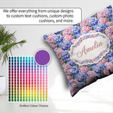 Custom Name Bold Pink and Blue Hydrangea Blossom Seamless Lovely Square Filled Cushion Throw Pillow Sofa Bed Home Decor Zip Washable UK Made