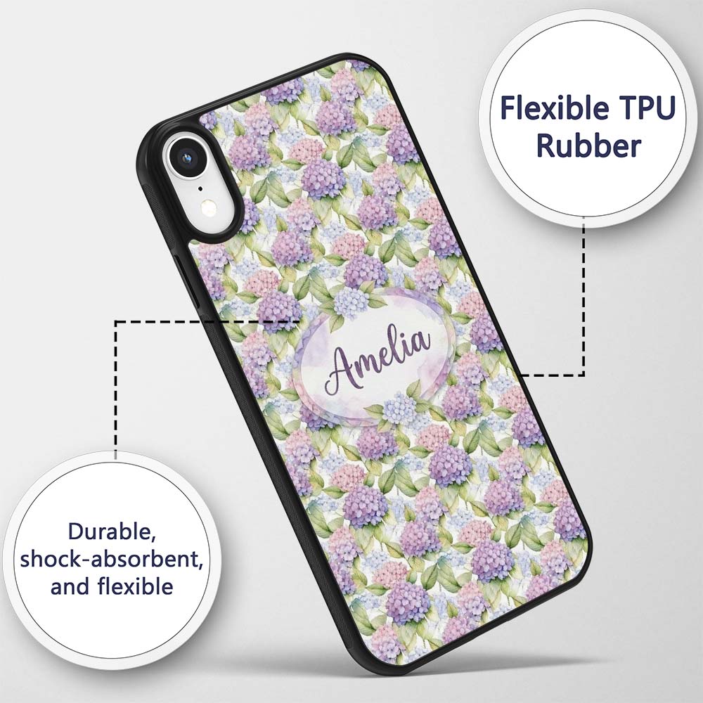 Soft Pastel Purple Pink Hydrangea Floral Seamless Custom Name Protective Phone Case Mobile Cover Durable Everyday Smartphone Shock Resistant