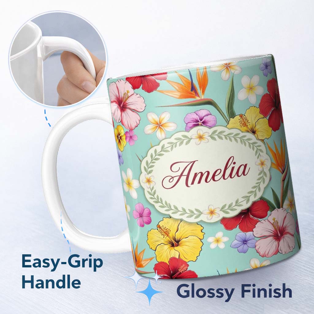 Personalized Custom Name Tropical Hibiscus Bird of Paradise Seamless Pattern Teal Background 11oz Ceramic Coffee Tea Mug White Large Handle