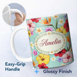 Personalized Custom Name Tropical Hibiscus Bird of Paradise Seamless Pattern Teal Background 11oz Ceramic Coffee Tea Mug White Large Handle