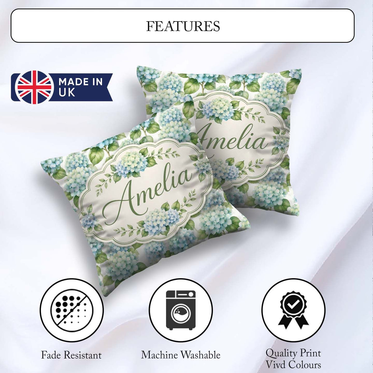Custom Name Soft Aqua Blue Hydrangea Floral Seamless Pattern Square Filled Cushion Throw Pillow Sofa Bed Home Decor Zip Washable UK Made