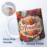 Personalized Custom Name Orange Purple and White Floral Botanical Seamless Pattern Lovely 11oz Ceramic Coffee Tea Mug White Large Handle