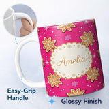Personalized Custom Name Gingerbread Snowflake Cookie Pink Festive Seamless Pattern Lovely 11oz Ceramic Coffee Tea Mug White Large Handle