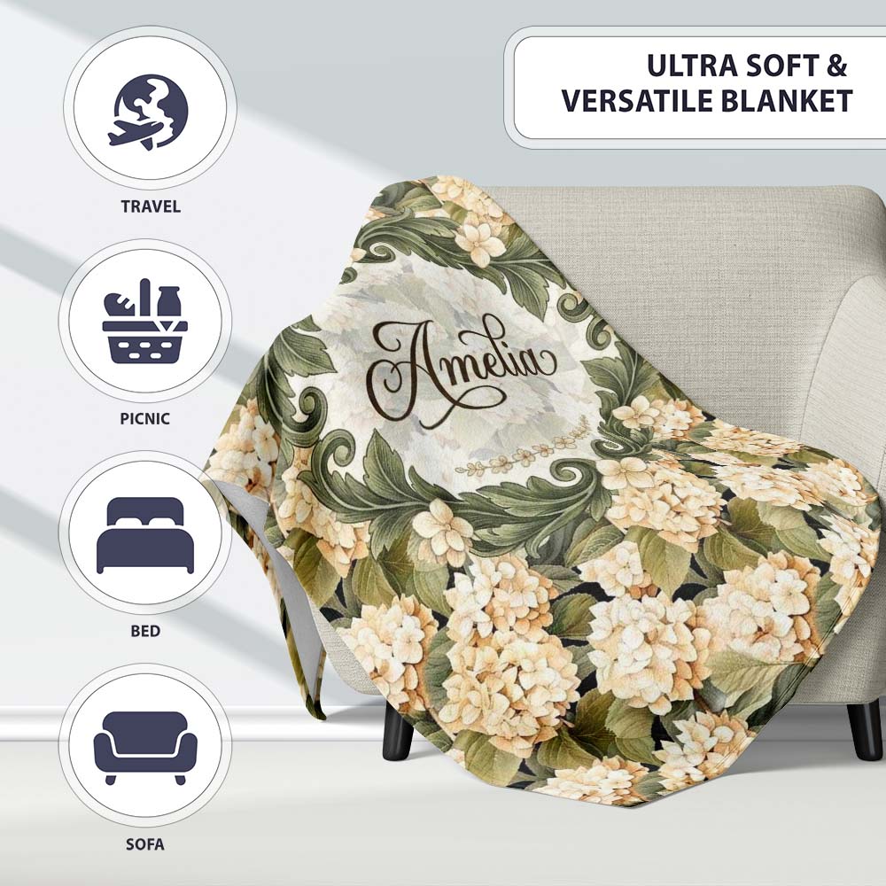 Warm Beige Cream Hydrangea Floral Seamless Pattern Cute Unique Gift  Personalised Custom Name Super Soft Fleece Blanket Bed Sofa Throw