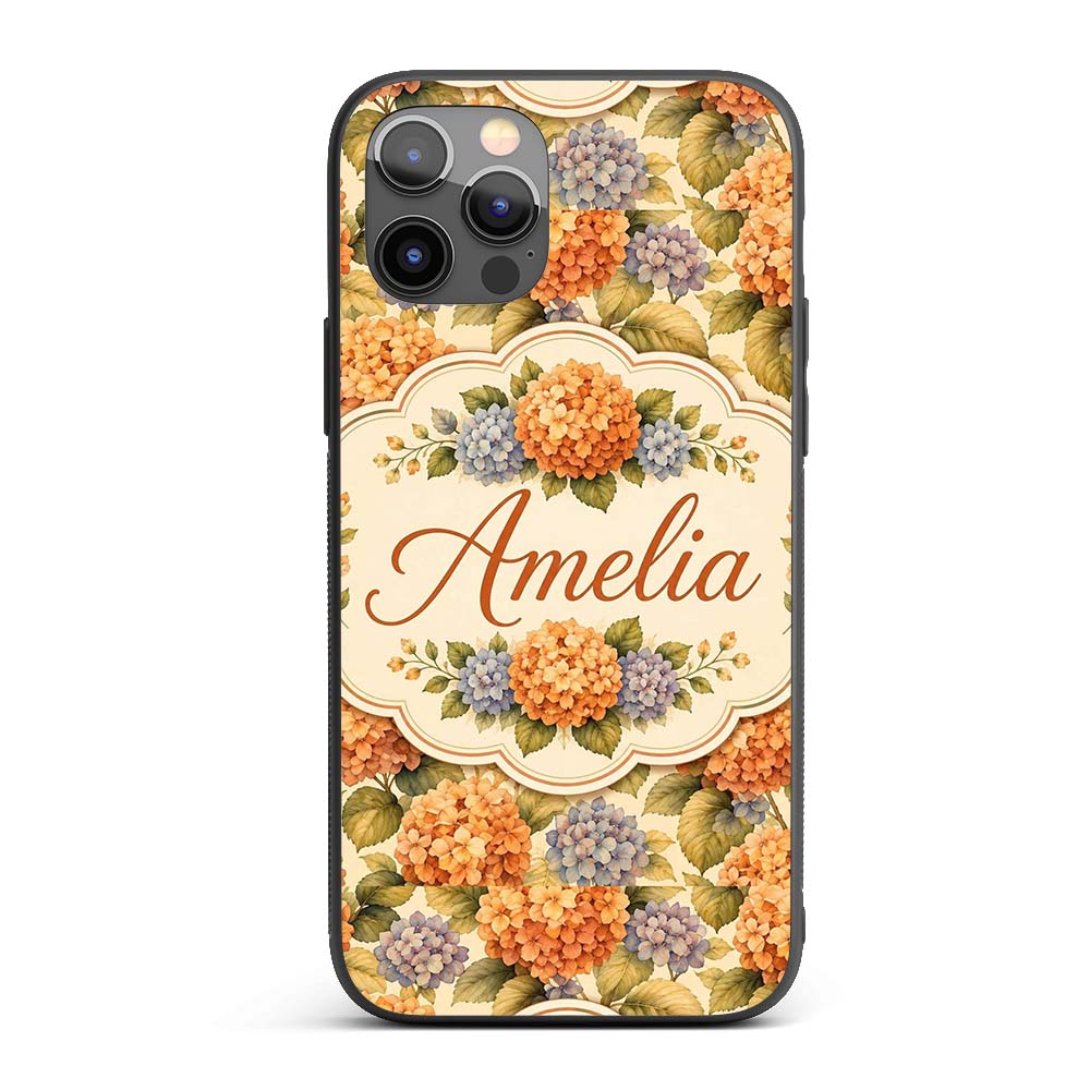 Orange and Blue Hydrangea Vintage Floral Seamless Custom Name Protective Phone Case Mobile Cover Durable Everyday Smartphone Shock Resistant