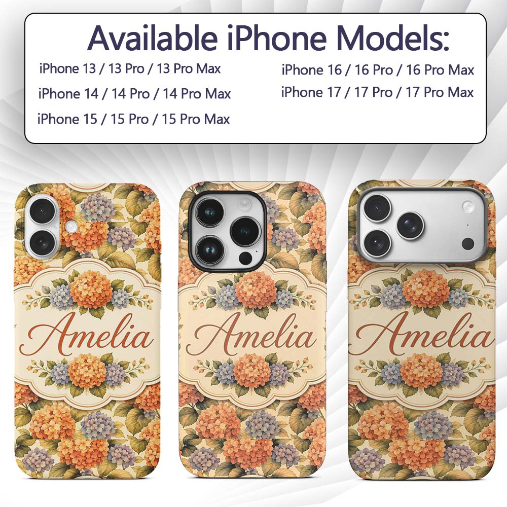Orange and Blue Hydrangea Vintage Floral Seamless Custom Name Protective Phone Case Mobile Cover Durable Everyday Smartphone Shock Resistant
