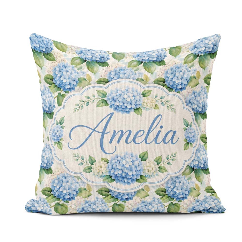 Custom Name Classic Blue Hydrangea Garden Floral Seamless Lovely Square Filled Cushion Throw Pillow Sofa Bed Home Decor Zip Washable UK Made