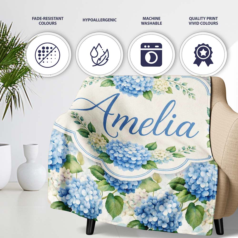 Classic Blue Hydrangea Garden Floral Seamless Pattern Lovely  Personalised Custom Name Super Soft Fleece Blanket Bed Sofa Throw