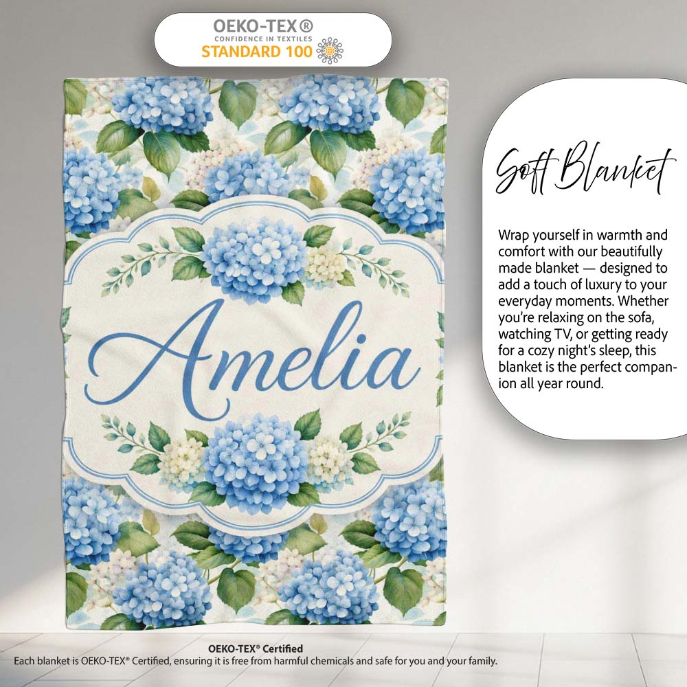 Classic Blue Hydrangea Garden Floral Seamless Pattern Lovely  Personalised Custom Name Super Soft Fleece Blanket Bed Sofa Throw